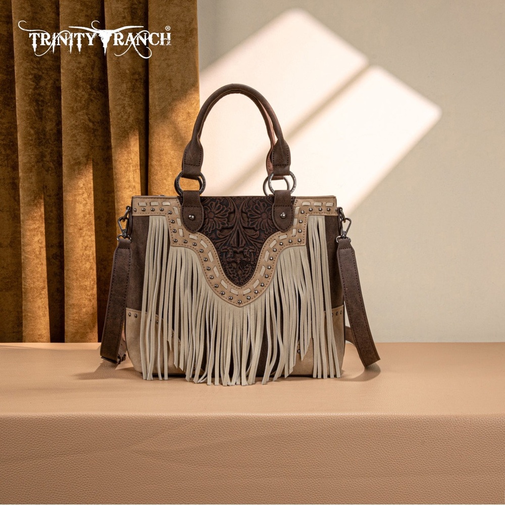 Trinity Ranch Floral Tooled Fringe Tote/Crossbody Coffee NWT